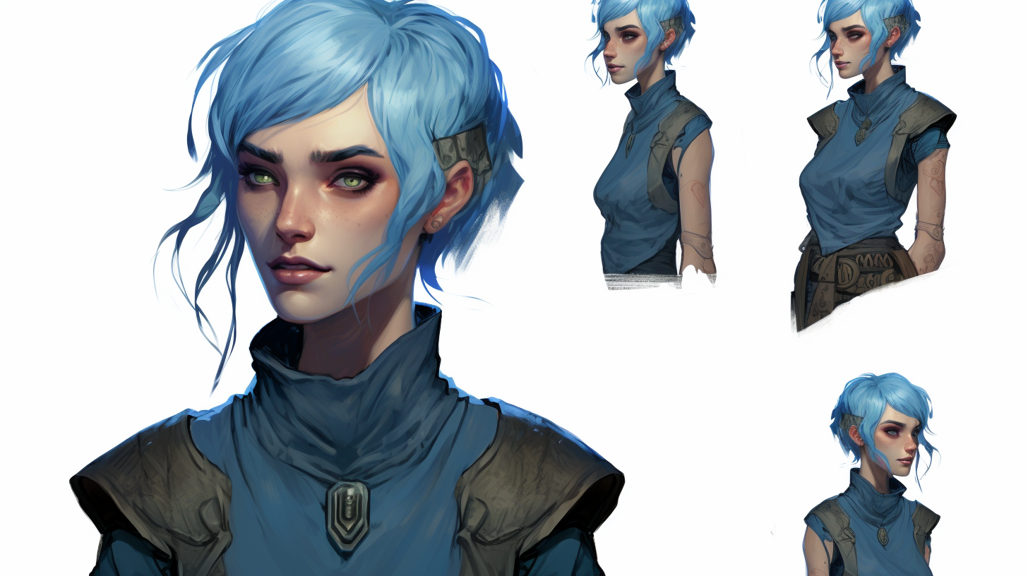 Blue-haired female elf warlock in fantasy art