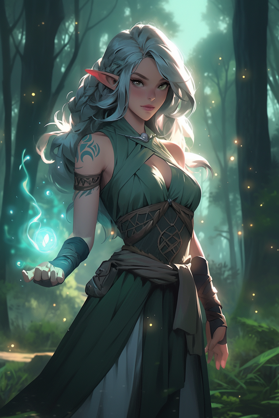 Young female elf warlock casting spell