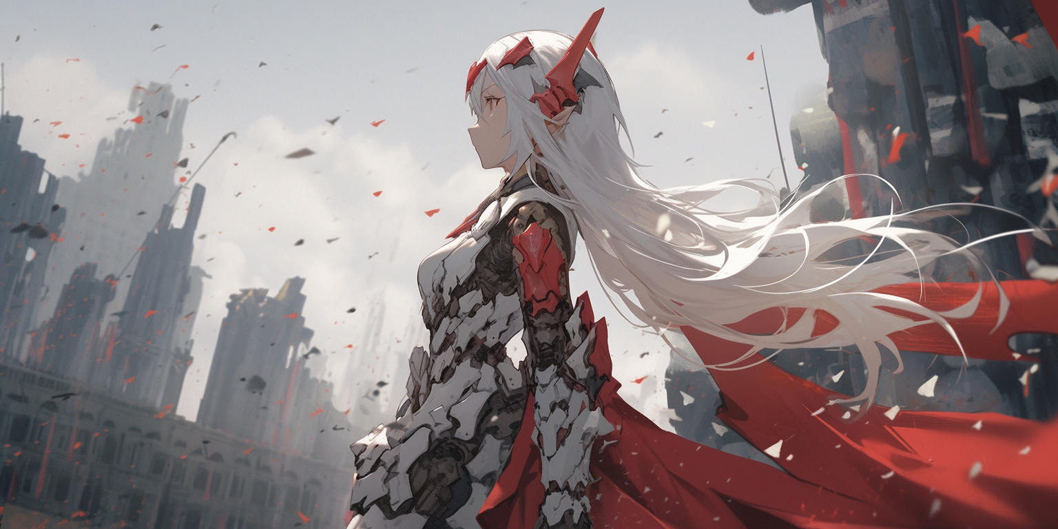 Beautiful female elf in red and white mecha armor