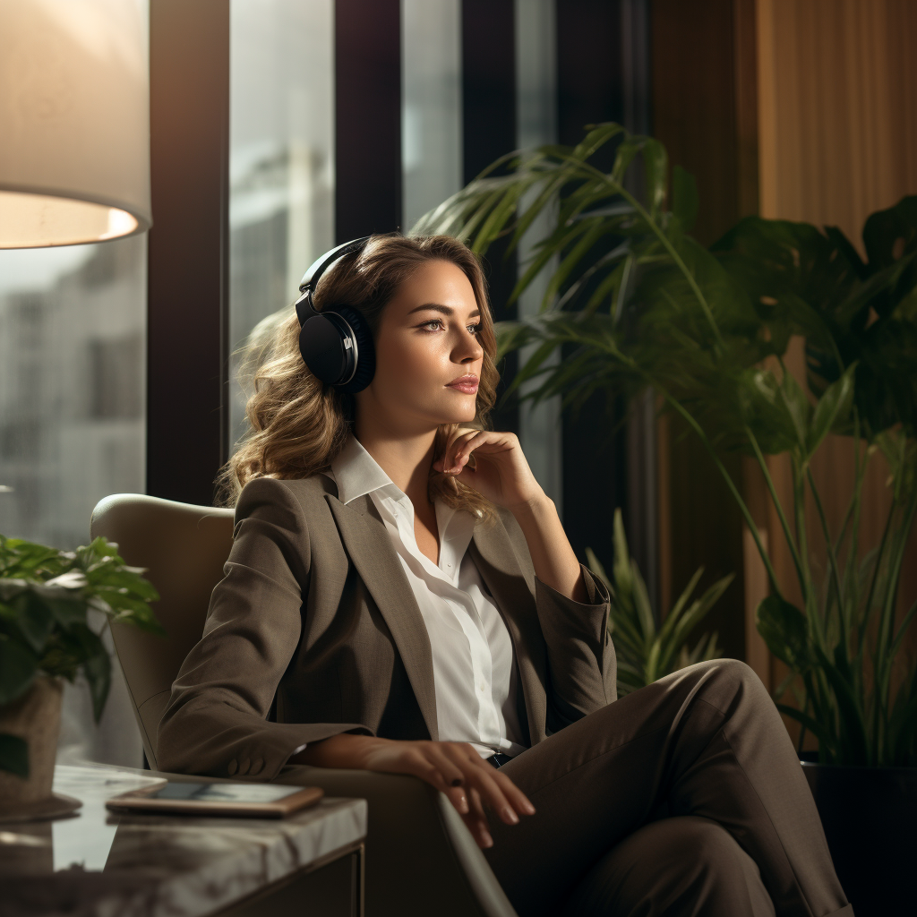 Serious female executive listening to a podcast