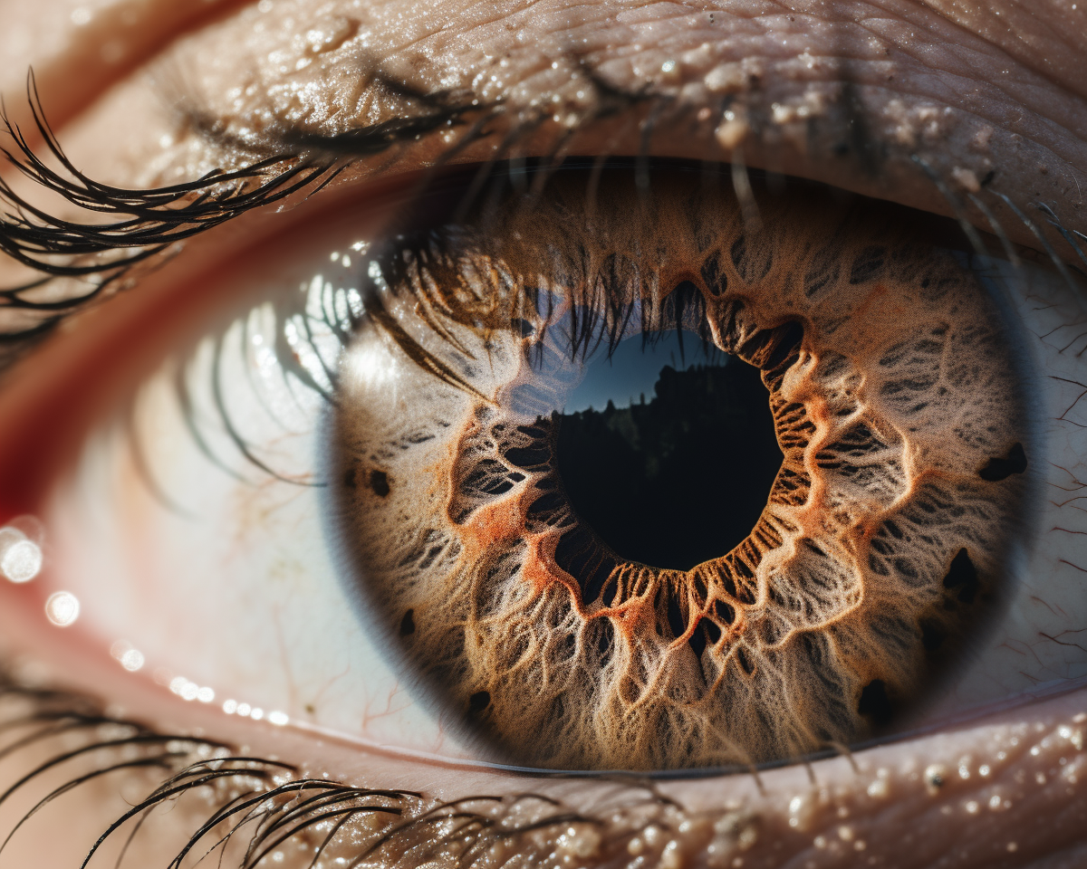 Close-up of female eye with nuclear mushroom reflection