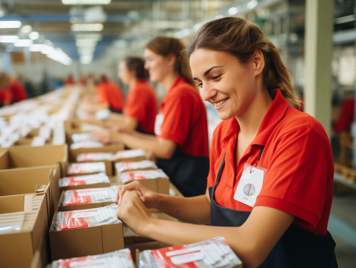 Female factory worker packaging keyrings parcels