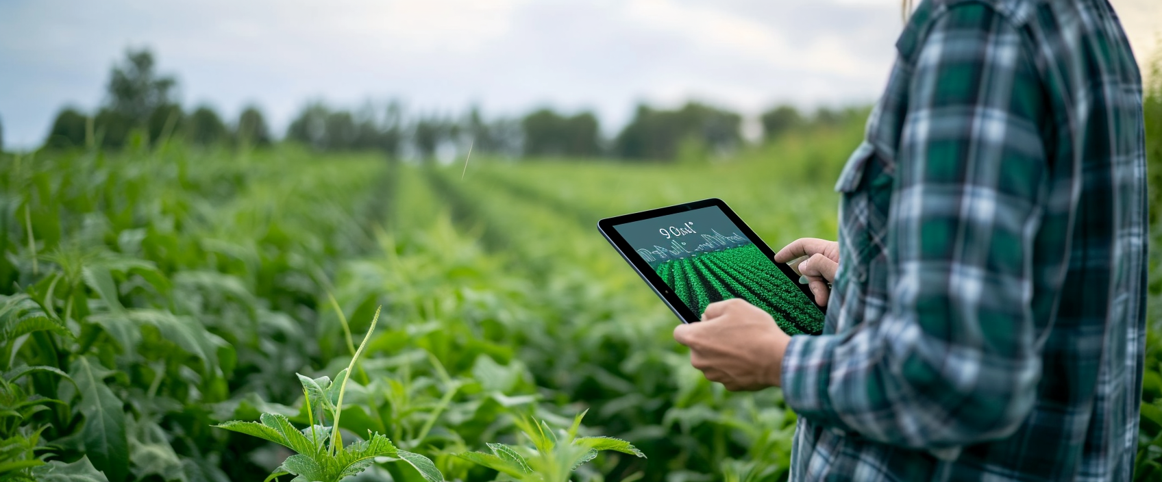 Female farmer using iPad with charts and graphs