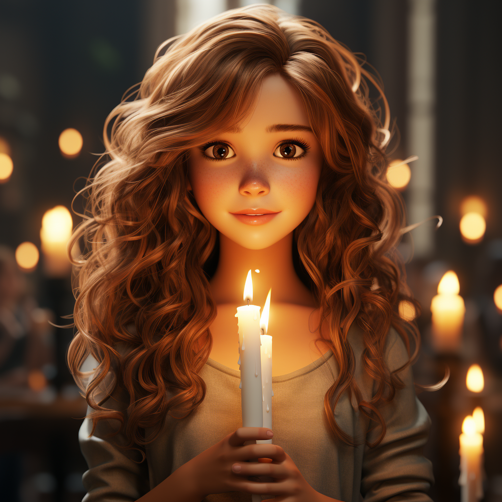 Cartoonish female figure holding a candle