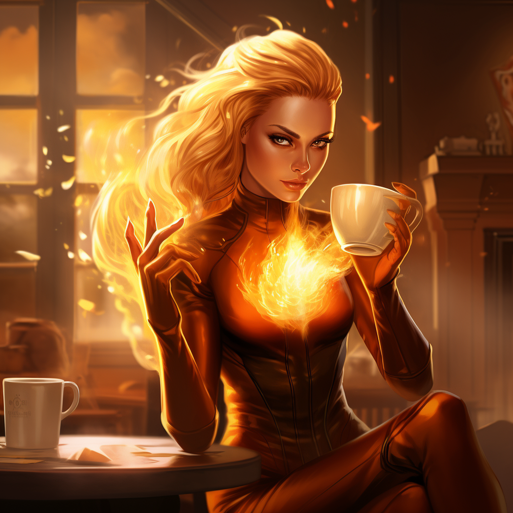 Fire superhero enjoying a coffee