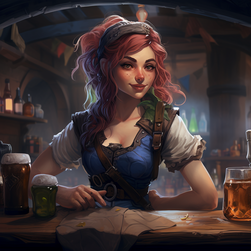 Female gnome bartender serving drinks