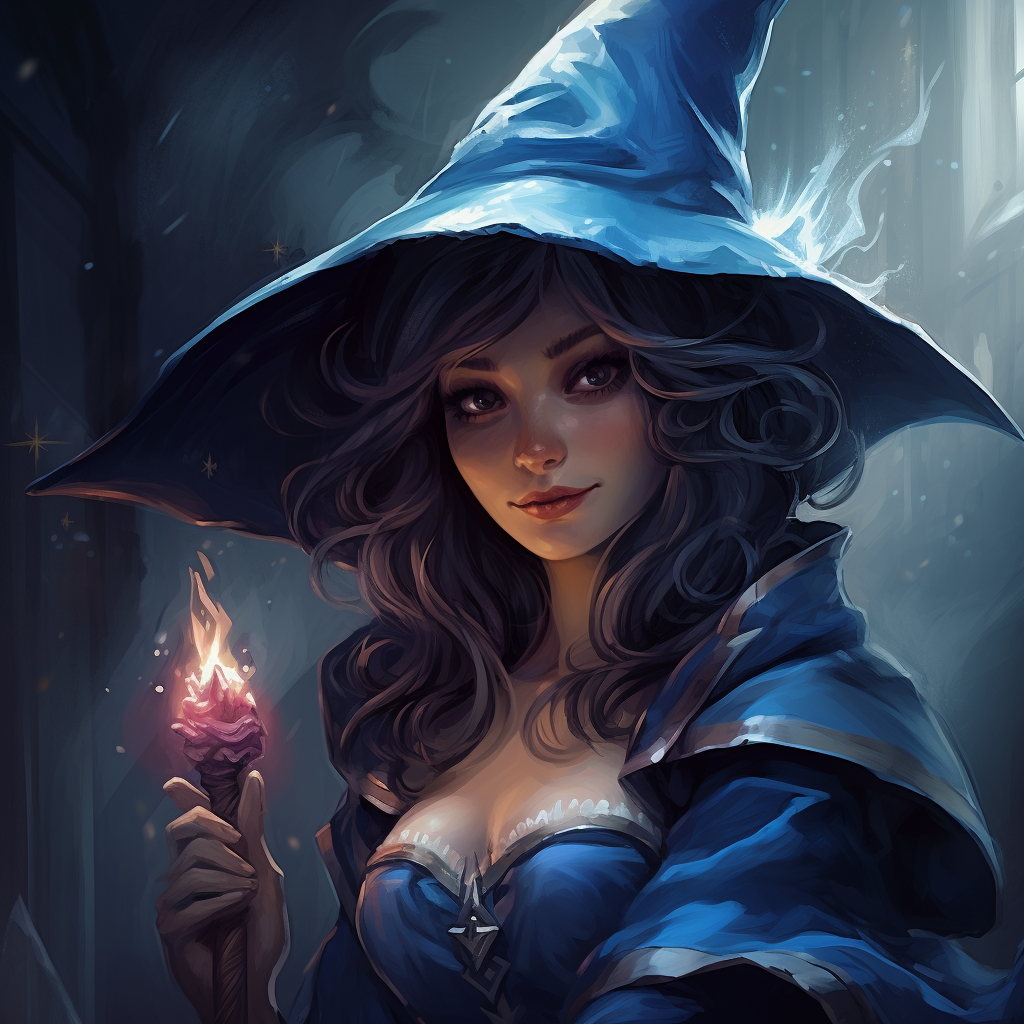 Female gnome mage with blue hair and mischievous smirk