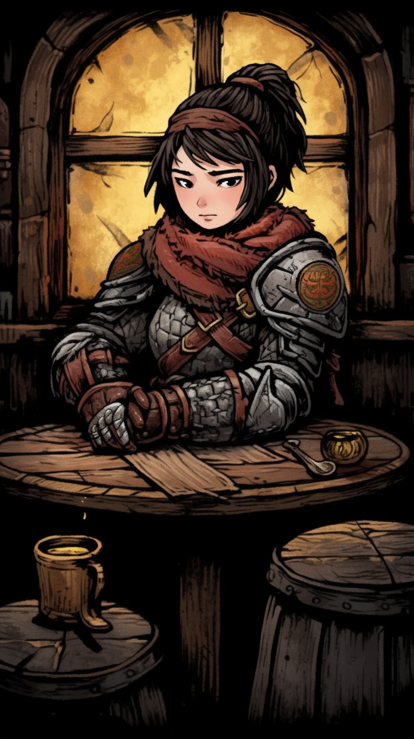 female gnome in leather armor and red scarf sitting