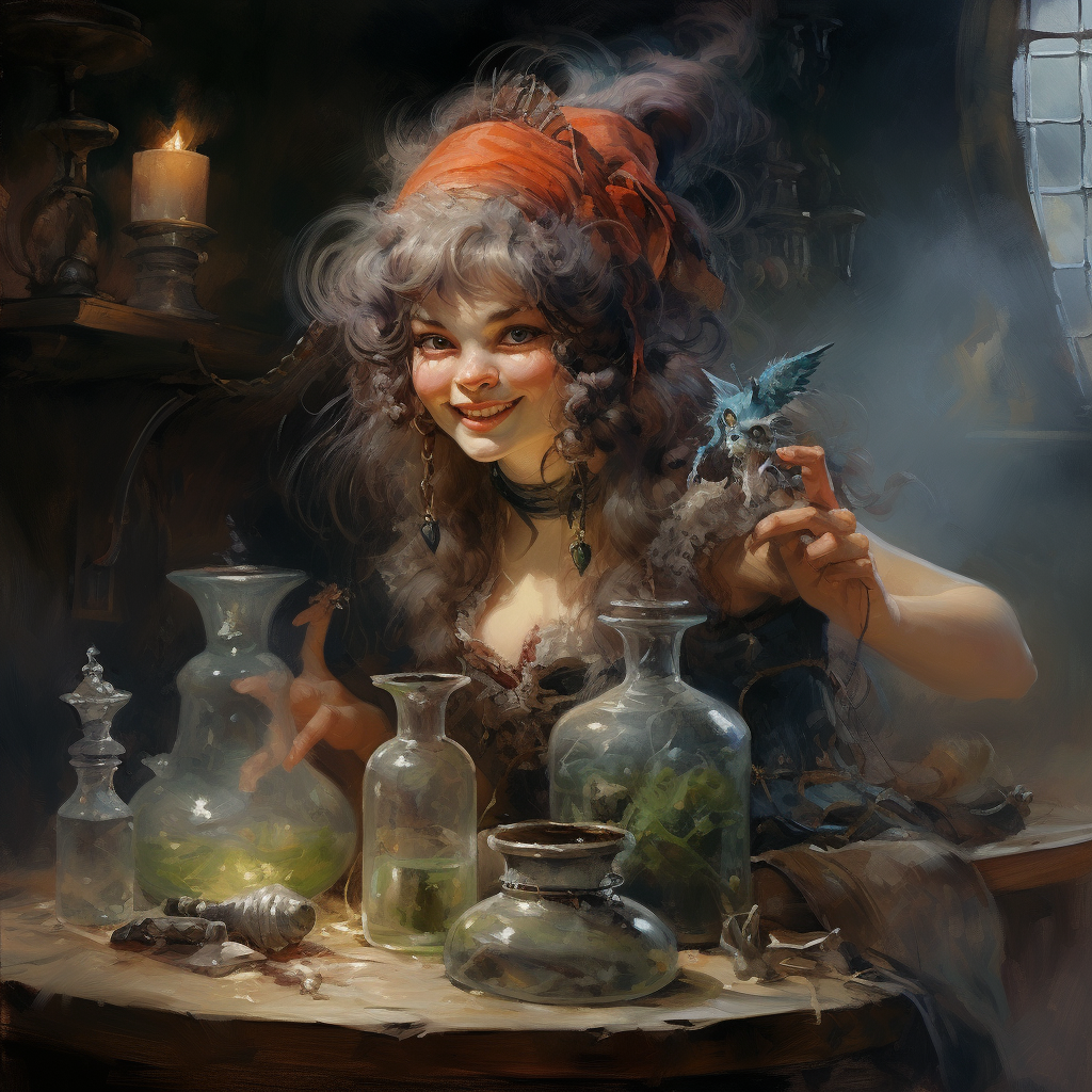 Portrait of a Happy Female Gnome Selling Potions