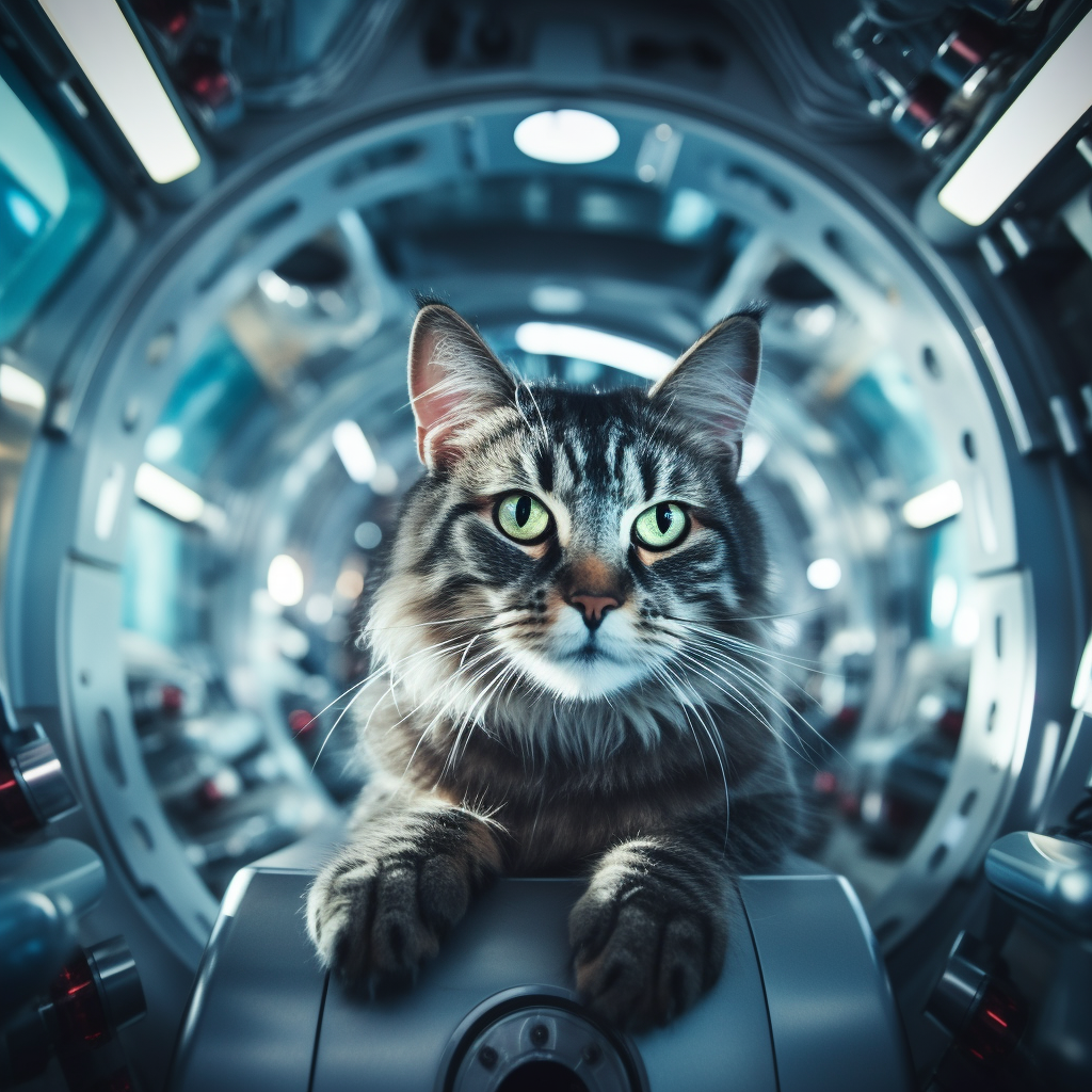 Gray cat in spaceship shelter