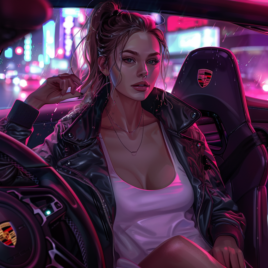 Female hacker in luxury jacket sitting in sports car