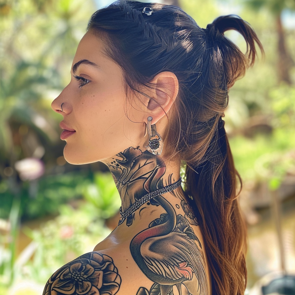 Female Half Elf with Flamingo Tattoo