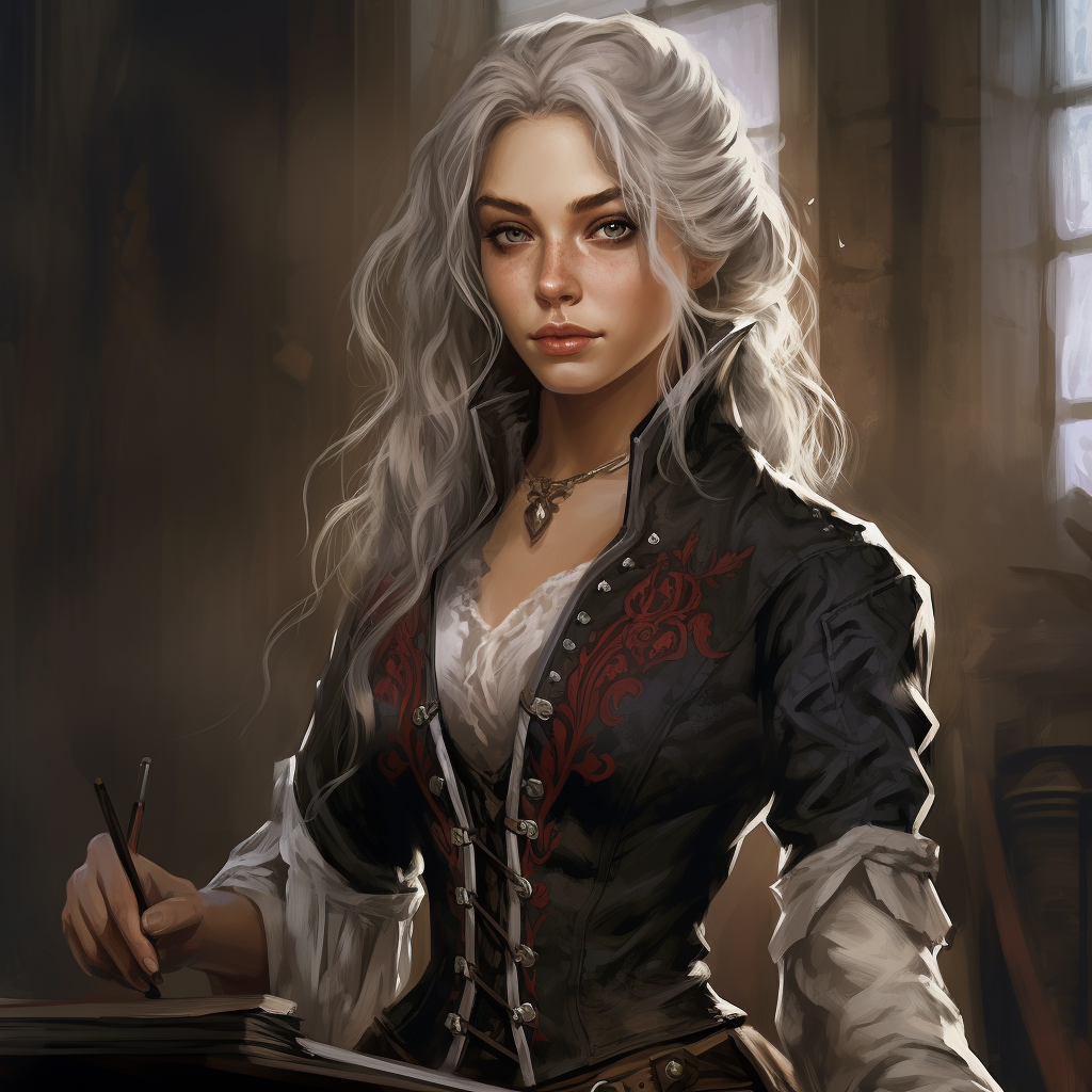 Young female half-elf painting with a brush