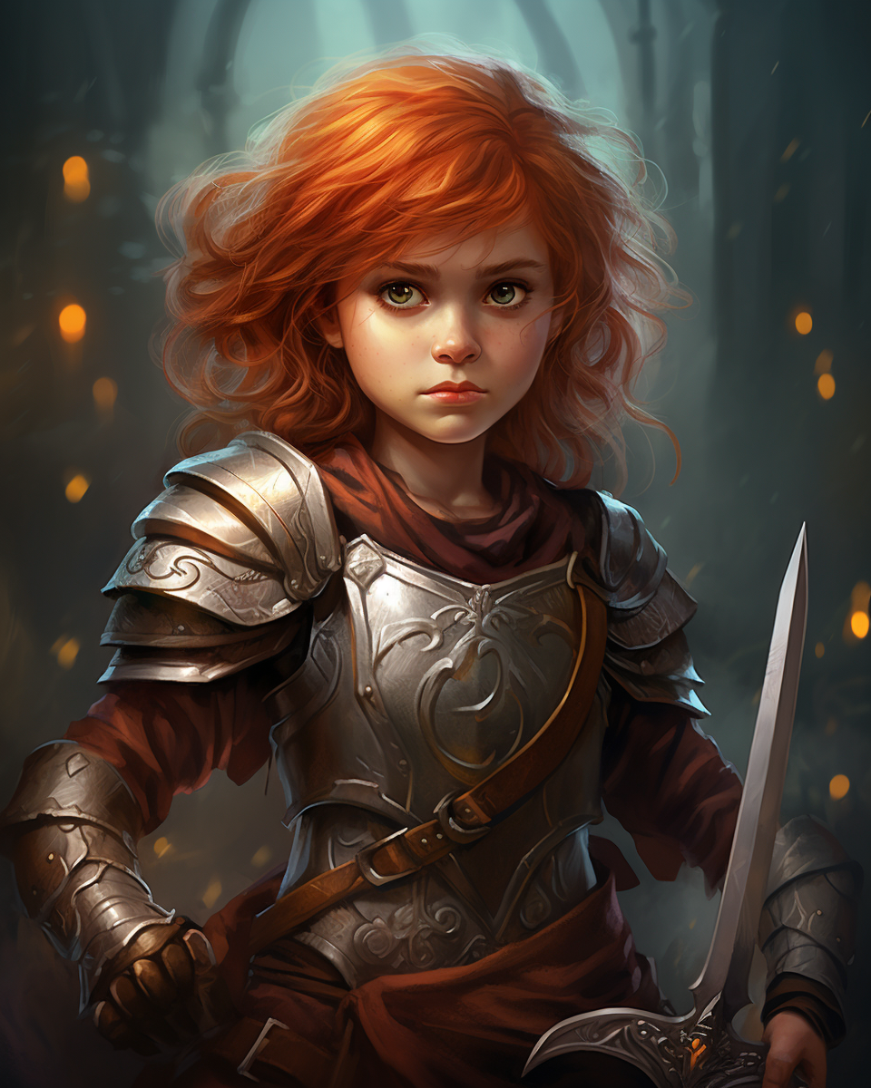 Brave female halfling in armor with sword and shield