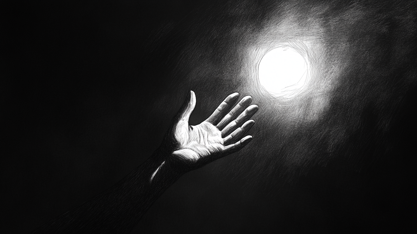 female hand reaching out from darkness towards light concept