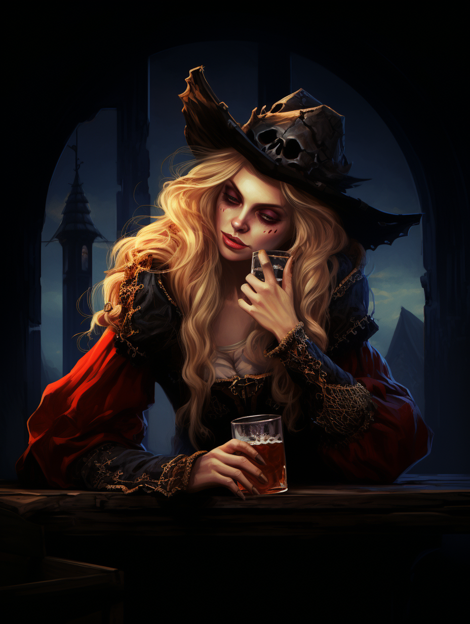 Female horror villain drinking beer