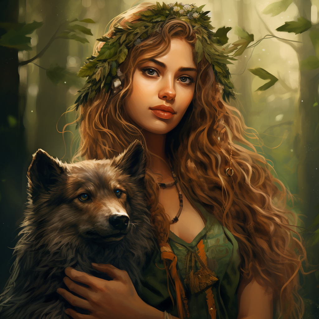 A female human druid embracing her love for animals