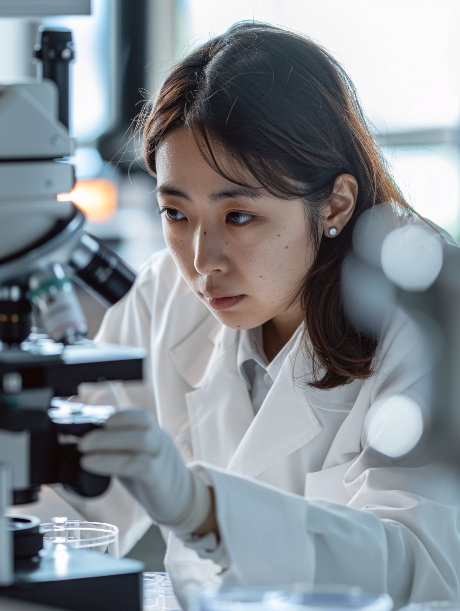 Female Japanese lab technician microscope focus