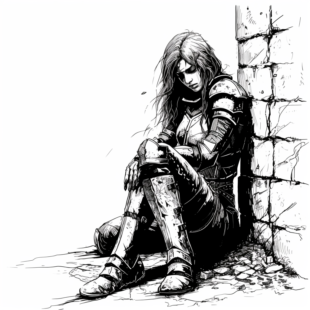 Female Knight Leaning against Wall