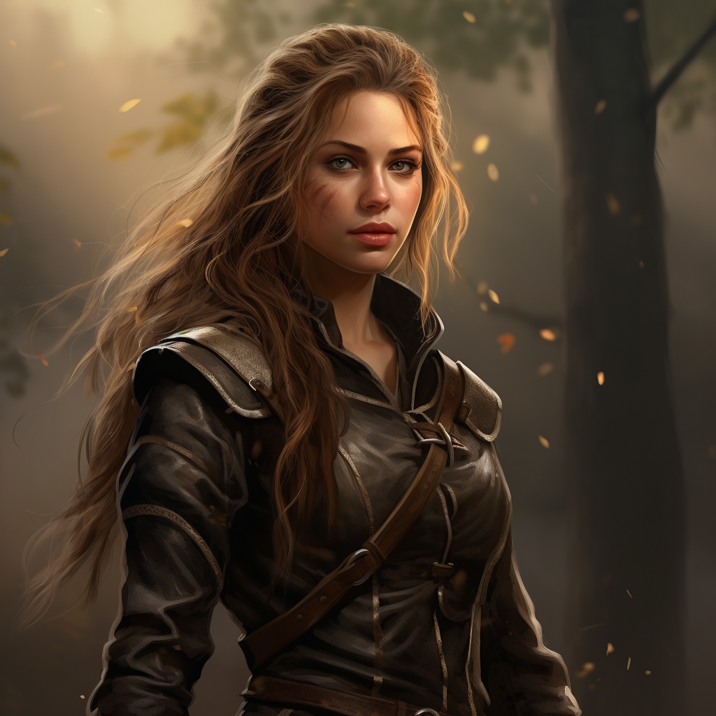 Realistic female ranger with braided hair in leather attire