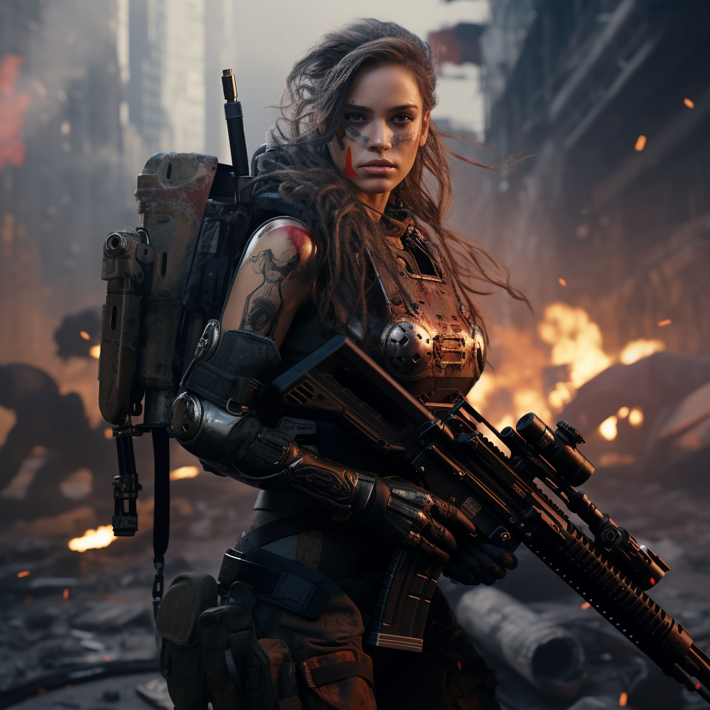 Brave female marine in cyberpunk warzone  ?