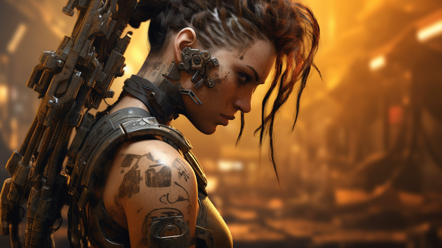 Female mech warrior with dark hair and tattoo