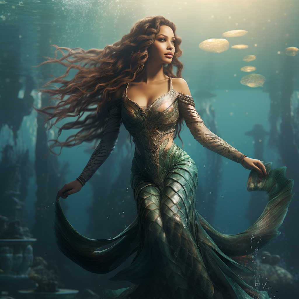 Beautiful mermaid with scaled skin in underwater fantasy .