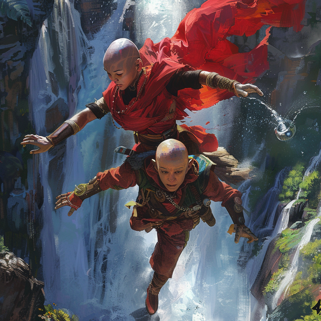 Female monk and chubby halfling at waterfall