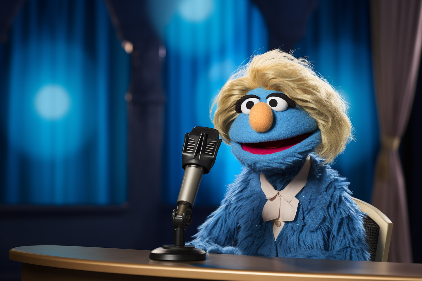 Cute female muppet newscaster reporting