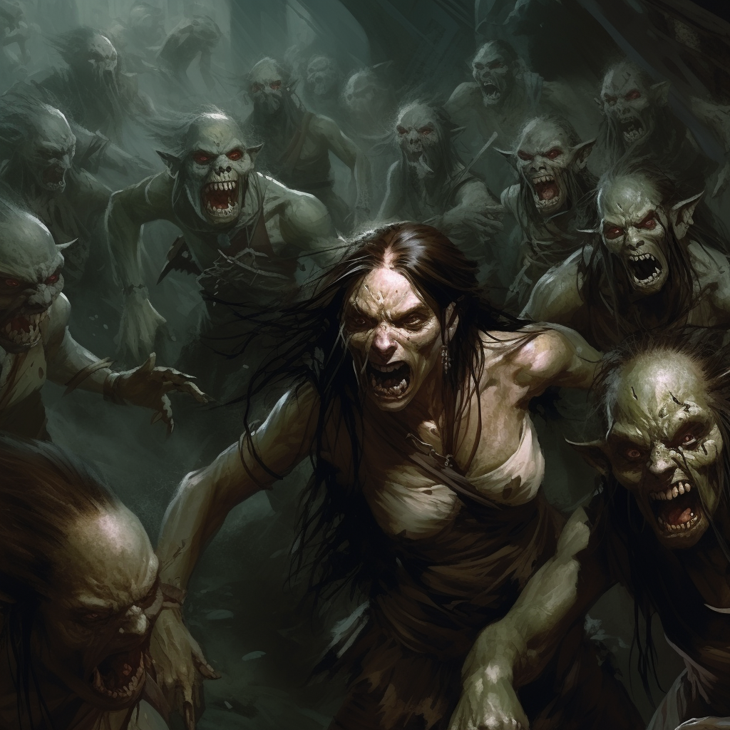 Female Orcs Group Grabbing Camera