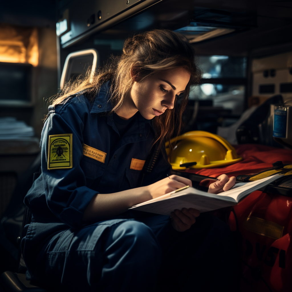 Female paramedic analyzing legal texts