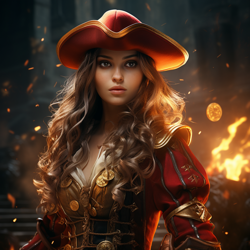 Female pirate cartoon scattering gold coins