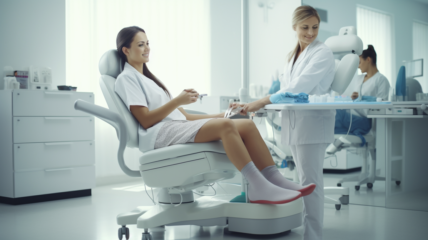 Female podiatrist treating patient's foot in bright practice