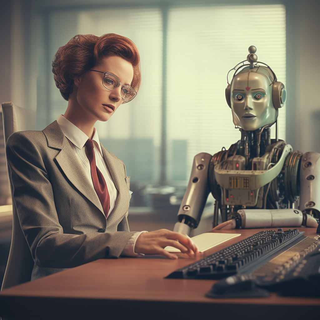 Female robot sitting at executive office desk