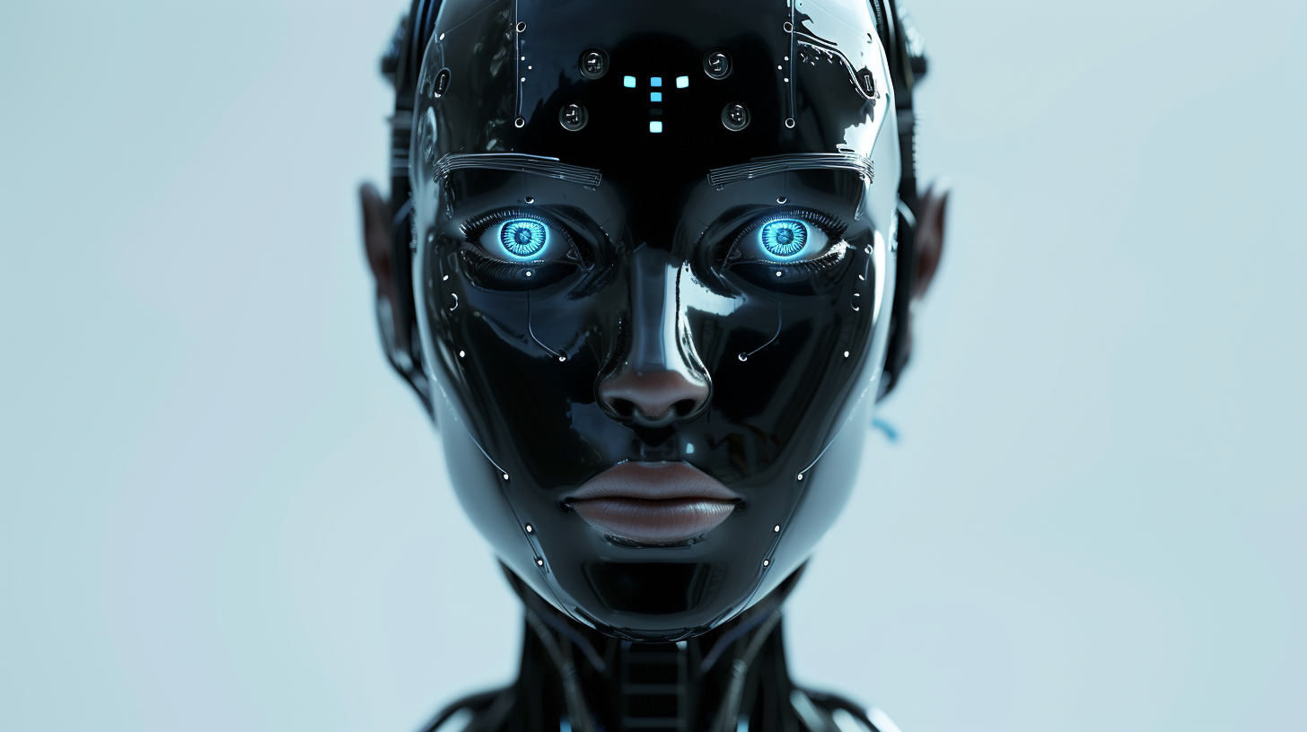 Female robot with black translucent skin