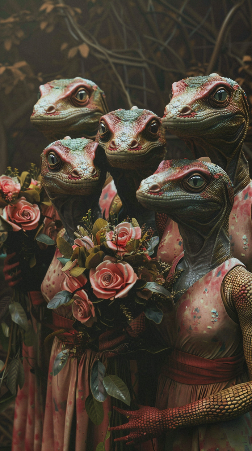 Human-robot hybrid beings holding bouquets