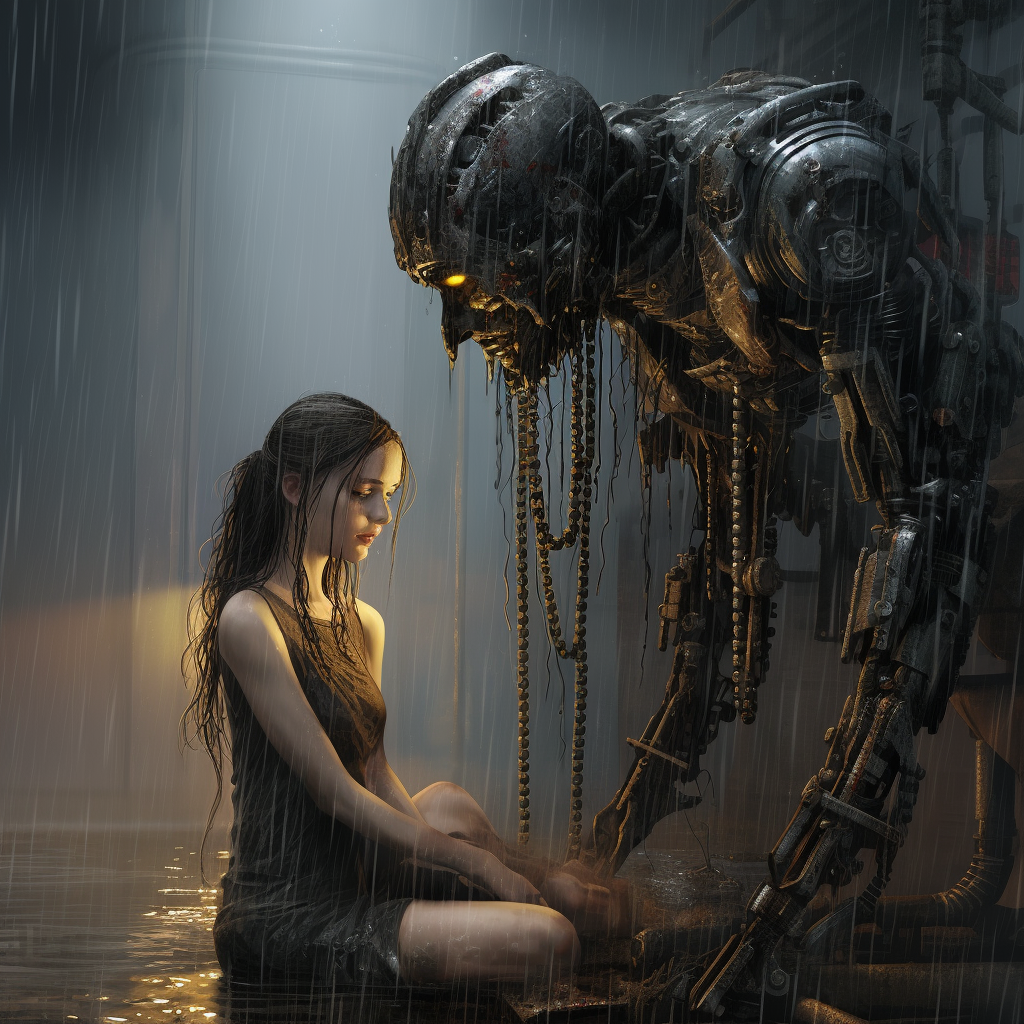 Female robot enjoying oil shower