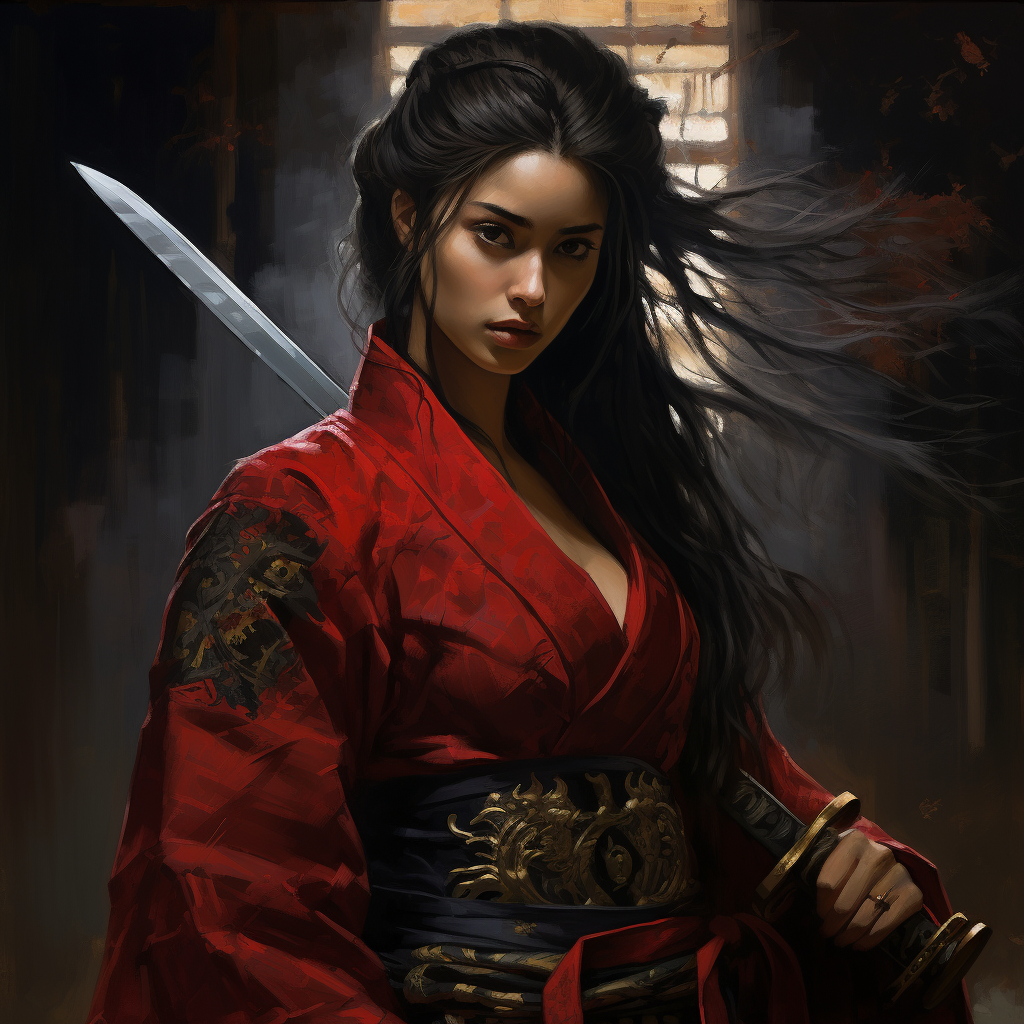 Female Samurai with Dark Venetian Mask