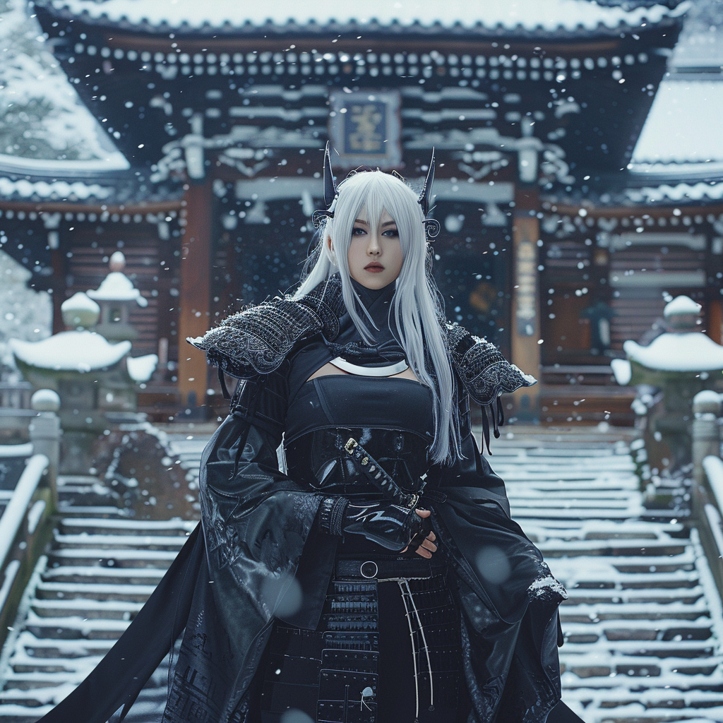 Female samurai god anime character with white hair