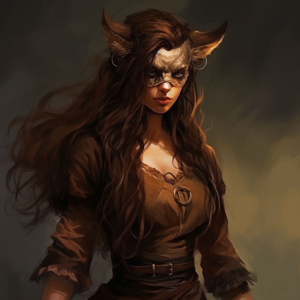 Female satyr with long brown hair and eye patch