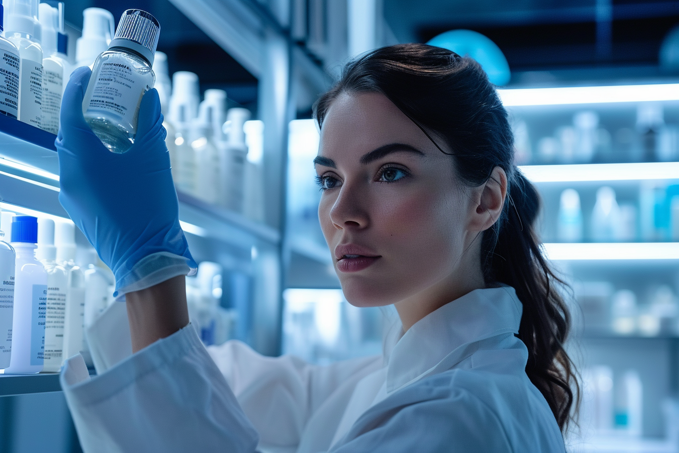 Female scientist holding luxury skincare product