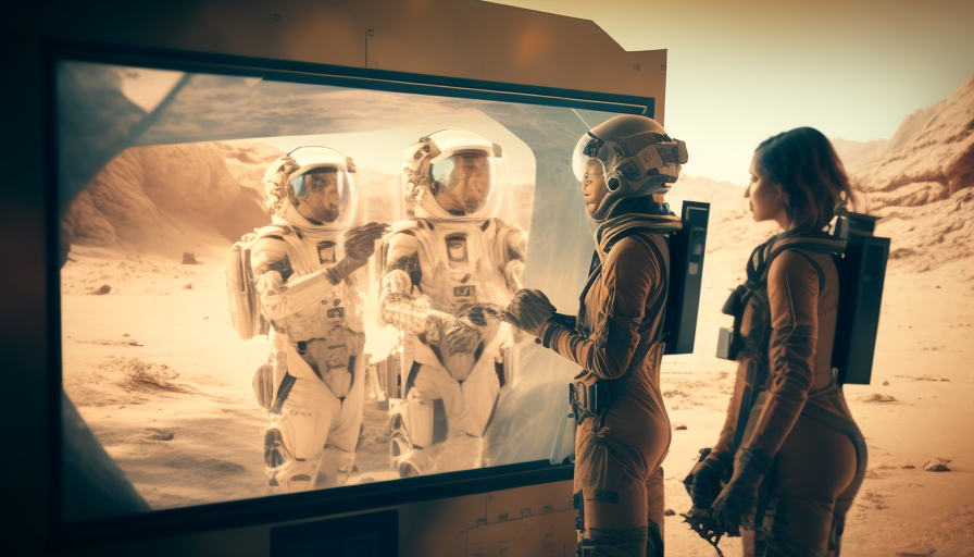 Female Scientists in Martian Basecamp with Robots