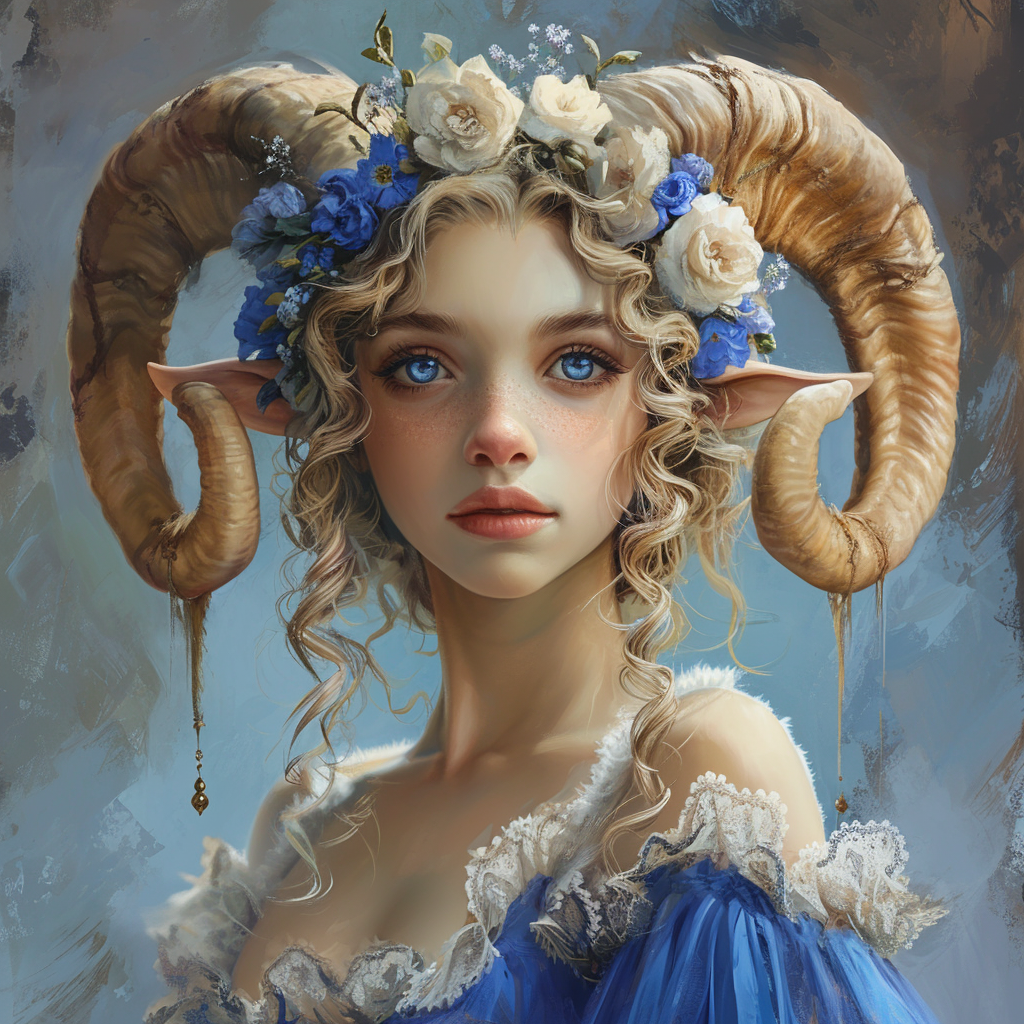 Female sheep satyr with blue eyes and curled horns