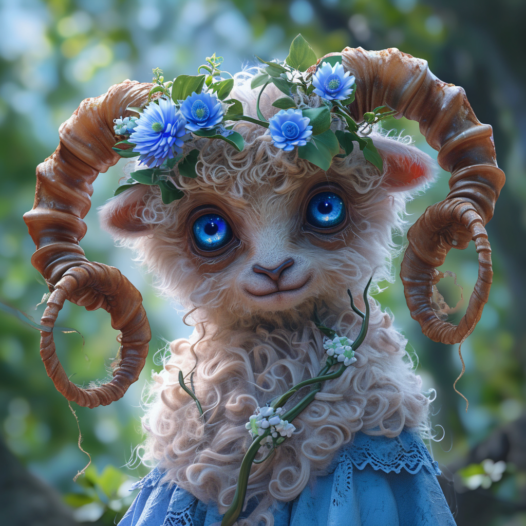 Female sheep satyr with blue eyes and curled brown horns