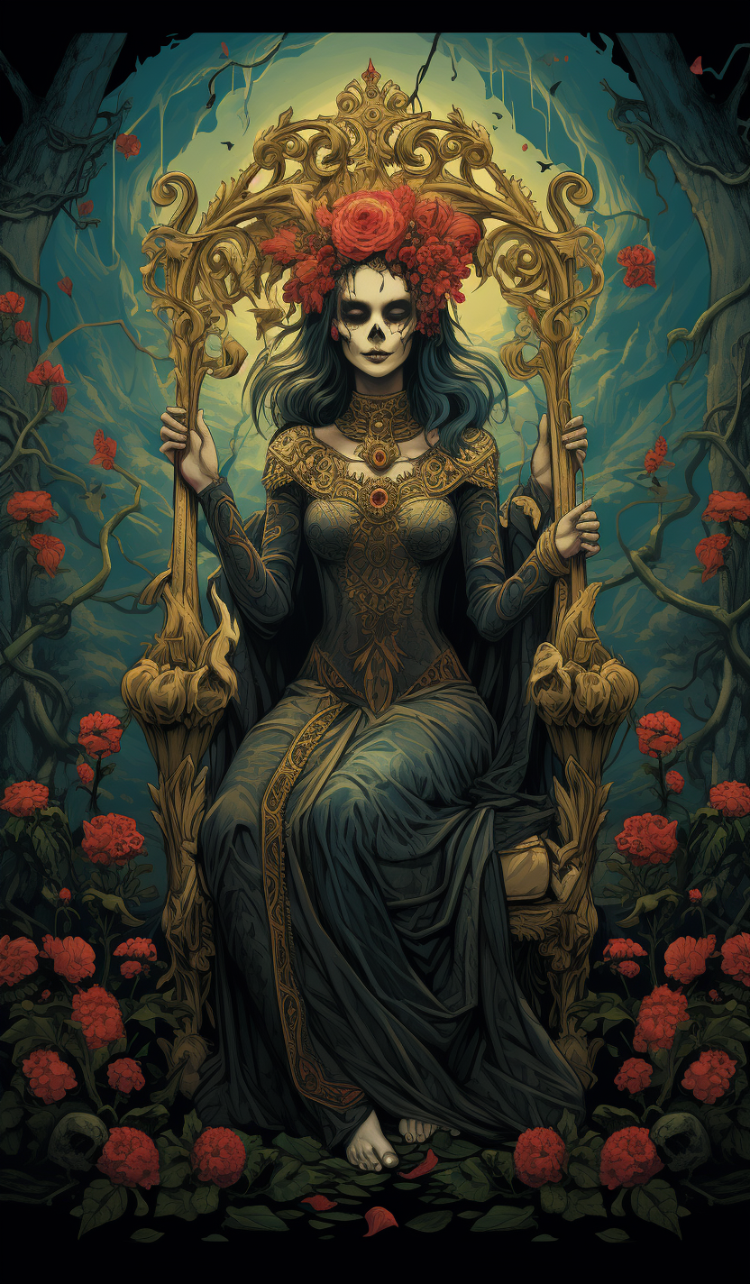 Day of the Dead Art: Female Skull on a Throne with a Staff