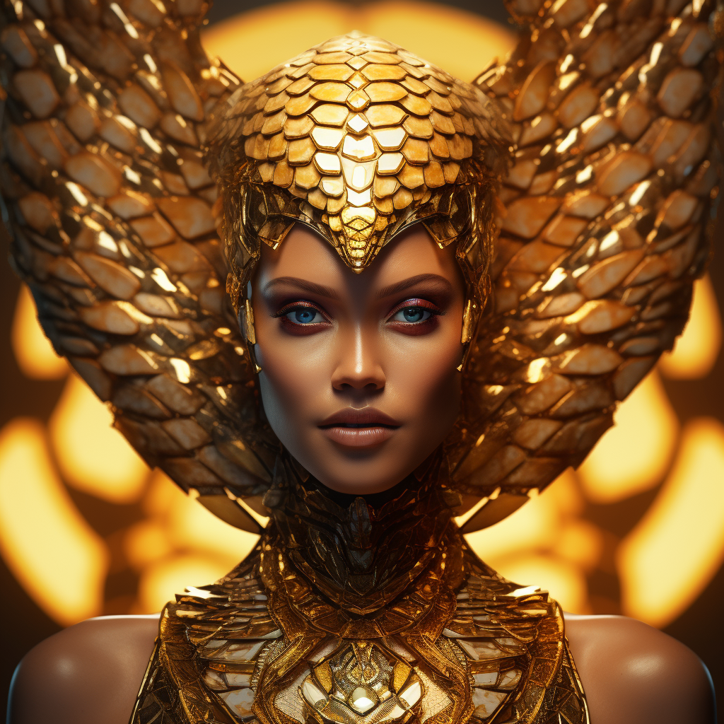 Female wearing golden crown with snake scale skin