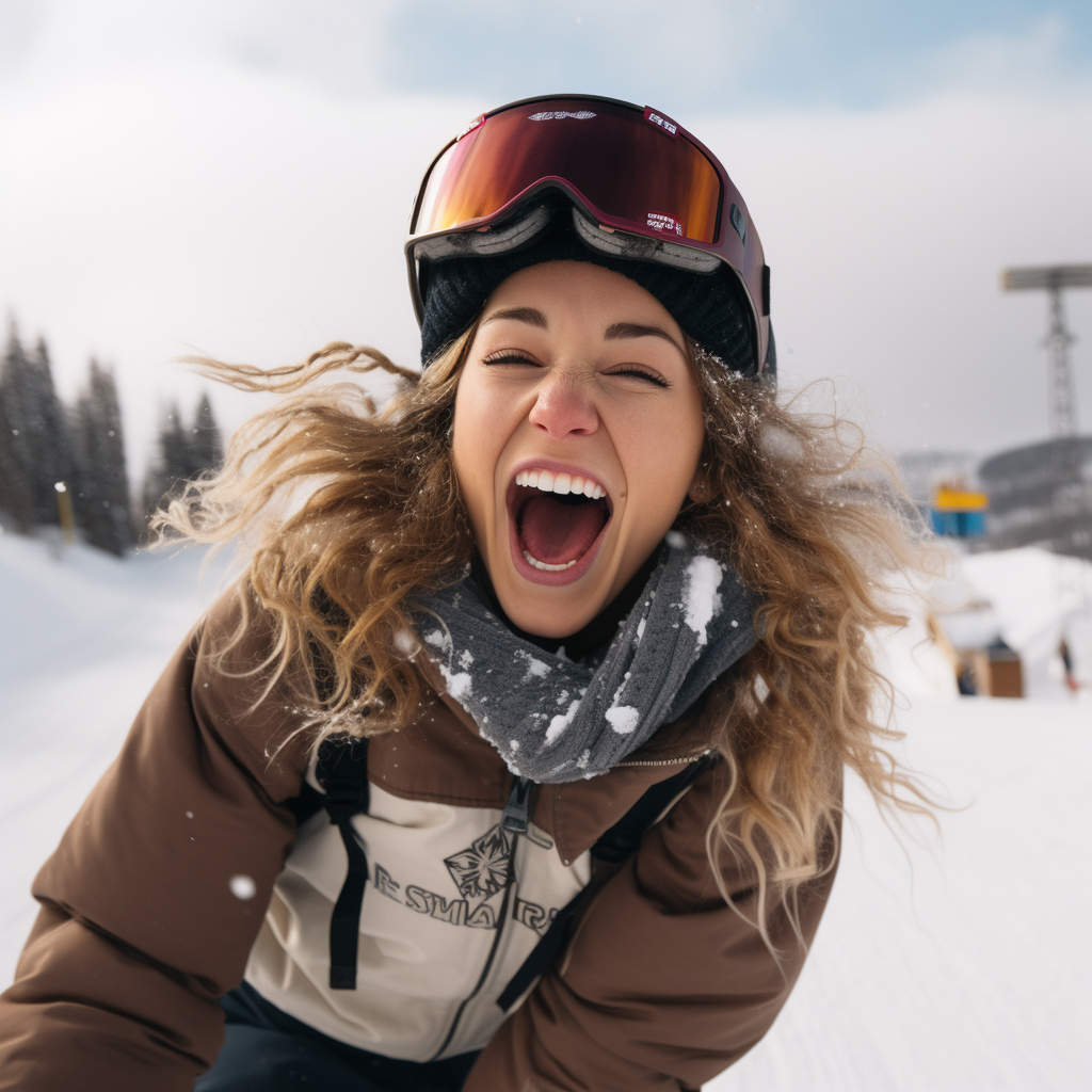 Female snowboarder sticking tongue out