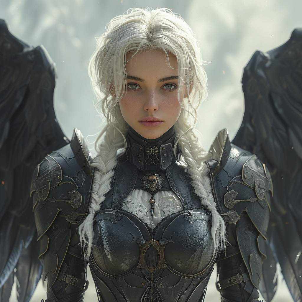 Female soldier with black batwings, white hair, and white eyes