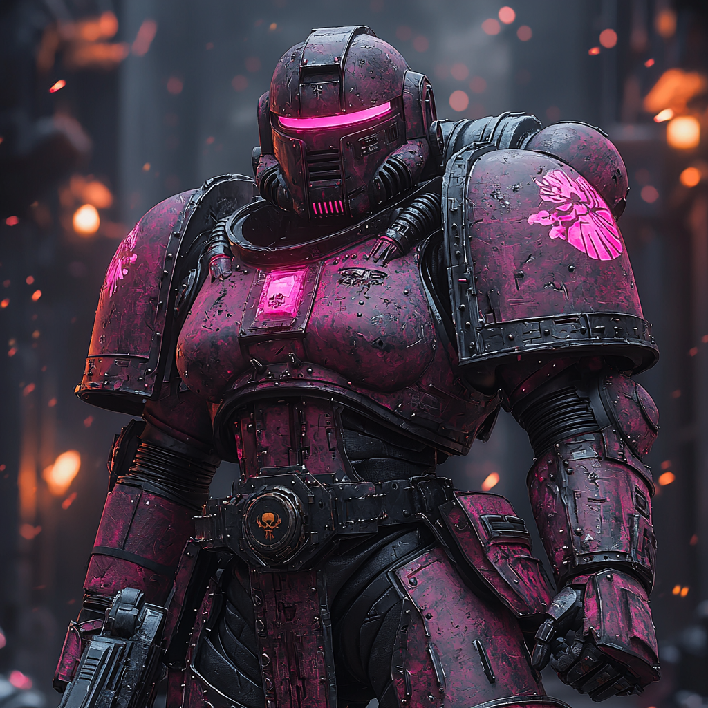 female space marine in dark purple armor, neon pink.