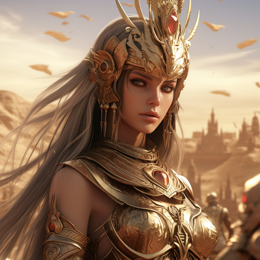 Powerful female Sumerian warrior queen in anime style